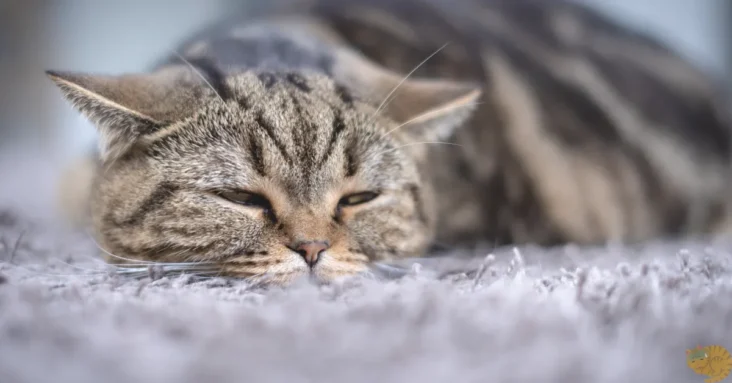 A sick tabby cat lying on a gray carpet, looking tired and unwell.